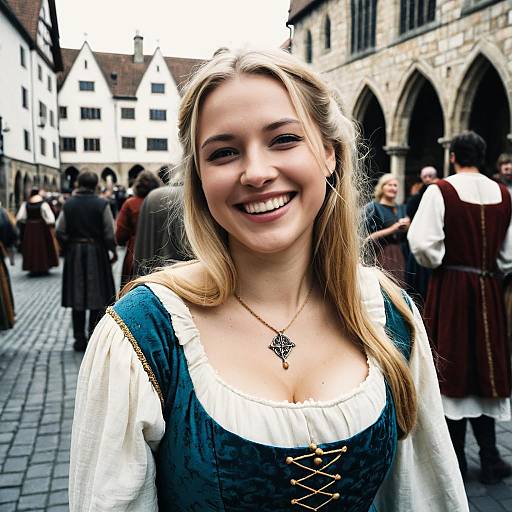 Photograph of a smiling young blonde woman with fair skin, wearing a blue and white medieval-style dress, standing in a cobblestone street with medieval