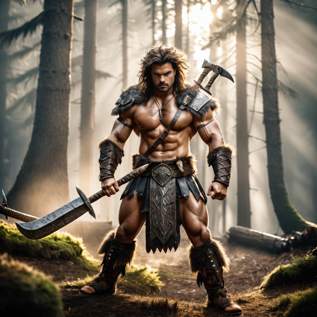 Defiant Barbarian in Majestic Forest