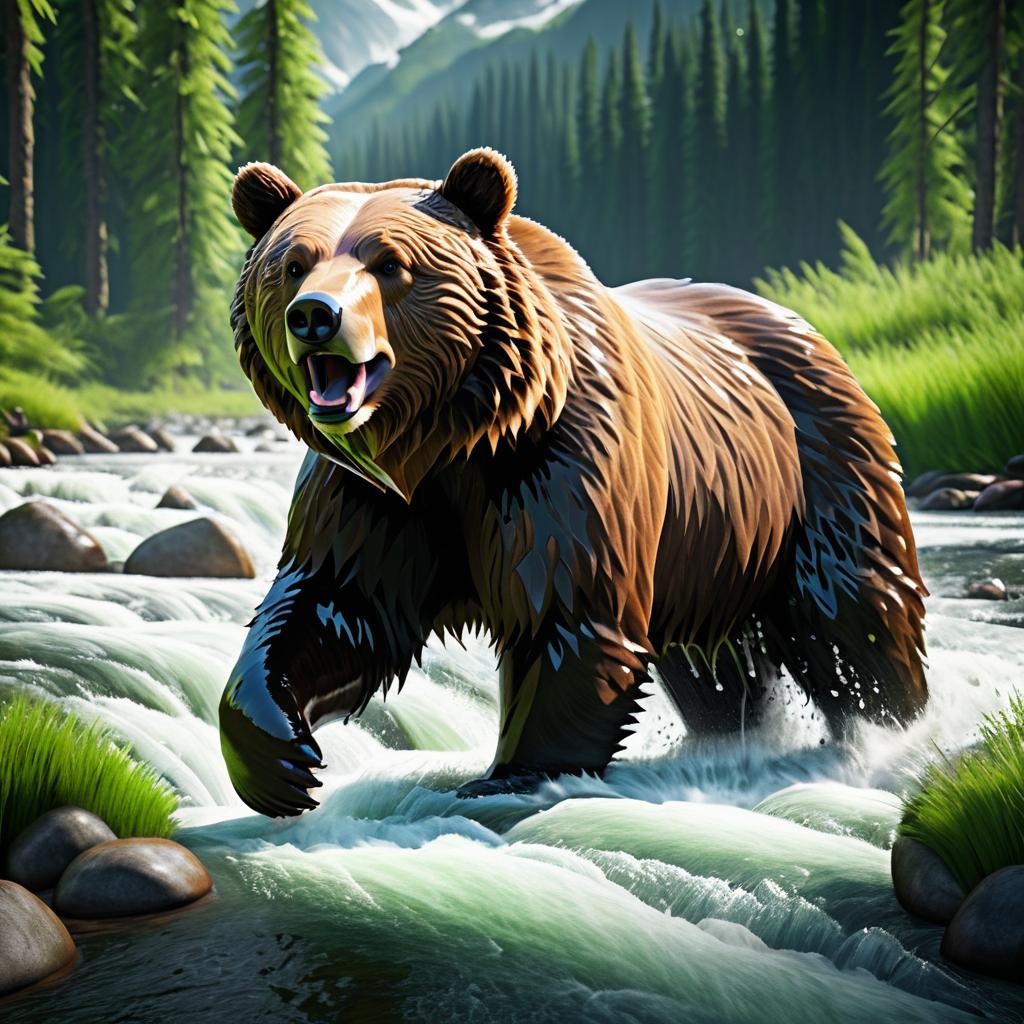 Cinematic Grizzly Bear Fishing Scene