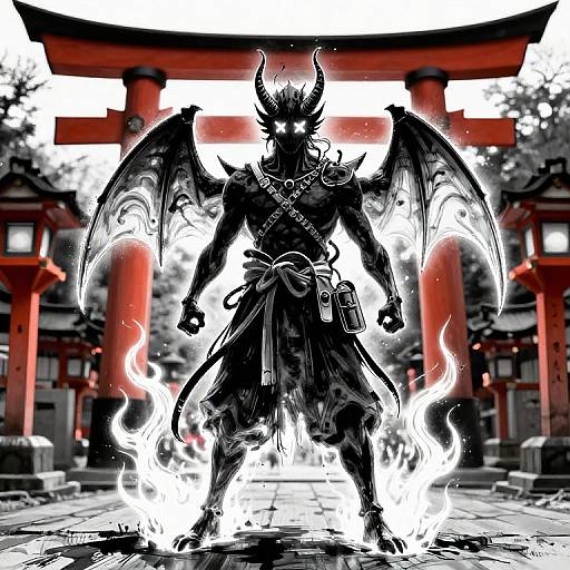 Digital artwork of a dark, horned demon with glowing eyes and wings, standing in front of a red torii gate, surrounded by white flames.