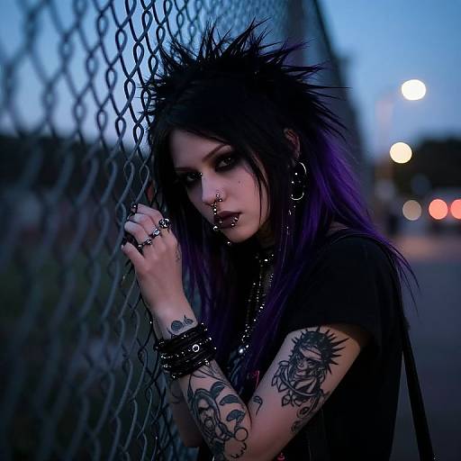Photograph of a goth woman with spiky black and purple hair, tattoos, piercings, dark makeup, and black clothing, leaning on