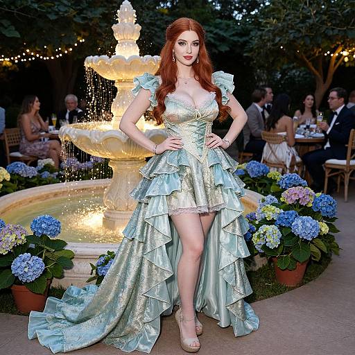 Photograph of a fair-skinned, red-haired woman in a shimmering, ruffled, mint-green ball gown, standing by a glowing fountain surrounded