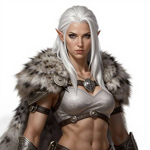 Digital fantasy artwork of a white-haired, elven woman with pointed ears, wearing a fur-trimmed armor top, silver patterned bra, and