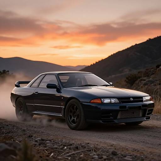 Photograph of a black Subaru Impreza with lowered suspension and black wheels, driving on a dirt road at sunset, with orange and pink sky and