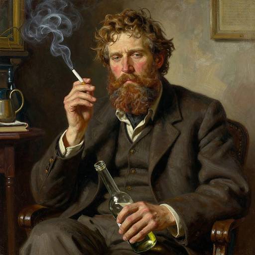 Realistic digital painting of a bearded man in a dark suit, smoking a cigarette while holding a glass flask, seated in a wooden chair, with