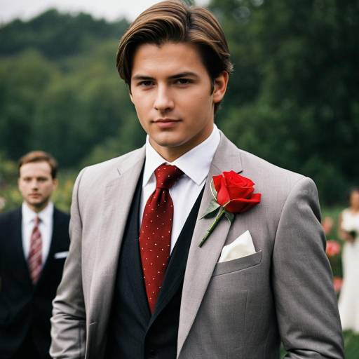 Groom in Grey Suit with Red Rose Boutonniere