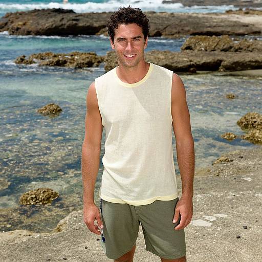 Photograph of a smiling, medium-built man with short dark hair, wearing a white sleeveless shirt and green shorts, standing on a rocky beach with