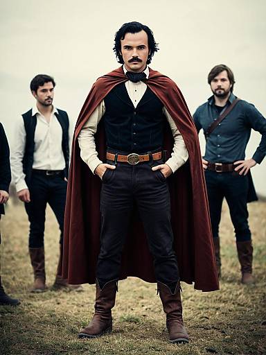 Photograph of a mustached man with curly black hair, wearing a red cape, black vest, and brown boots, standing confidently in front of two