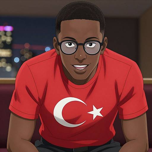 Digital illustration of a Black man with short hair, glasses, and a red Turkey-themed shirt, smiling indoors with a city night view blurred in the background