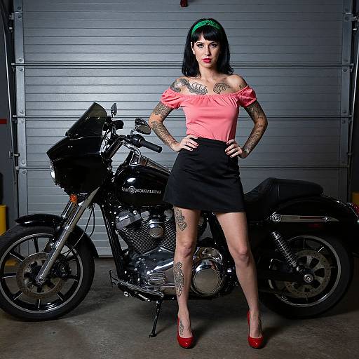 Confident Tattooed Woman by Motorcycle
