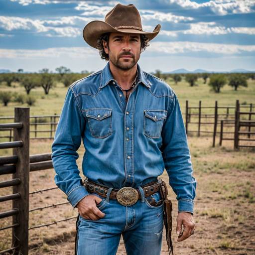 Cowboy in Denim Outfit at Ranch