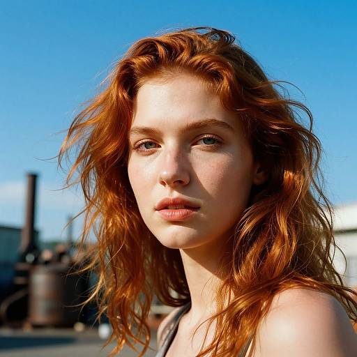 Photograph of a young woman with wavy, red hair, fair skin, and green eyes, standing outdoors under a clear blue sky. Industrial background