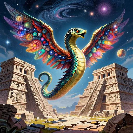Digital illustration of a colorful, serpent-like dragon with vibrant, multicolored wings, soaring between ancient, ruined stone pyramids under a starry,