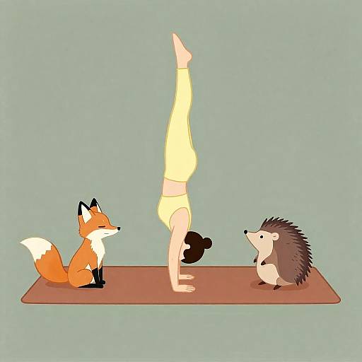 Gouache Foxes and Hedgehog Yoga Scene