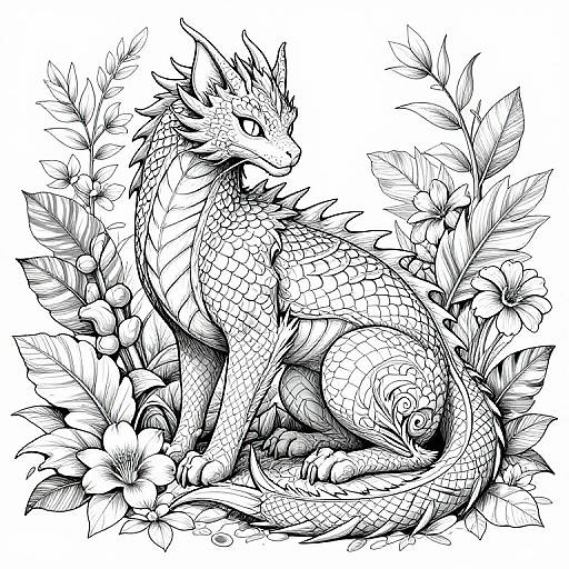 Dragon-Cat Fantasy Coloring Illustration