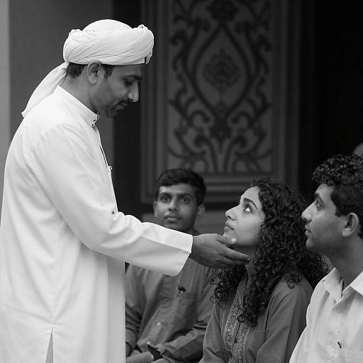 Black-and-White Turbaned Man Reaching Woman