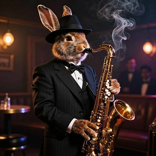 Photograph of an anthropomorphic rabbit in a black pinstripe suit and bowler hat, playing a golden saxophone with smoke rising, in a