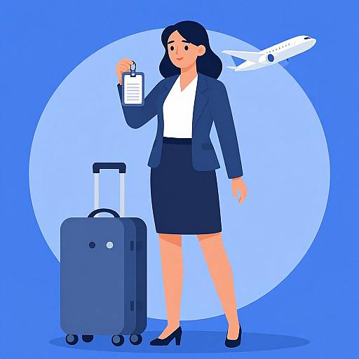 Digital illustration of a businesswoman with black hair, blue suit, white blouse, black skirt, and heels, holding a boarding pass, standing next to