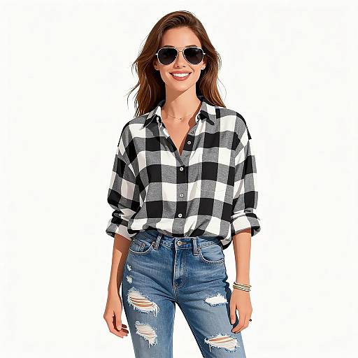 Smiling Woman in Casual Flannel Outfit