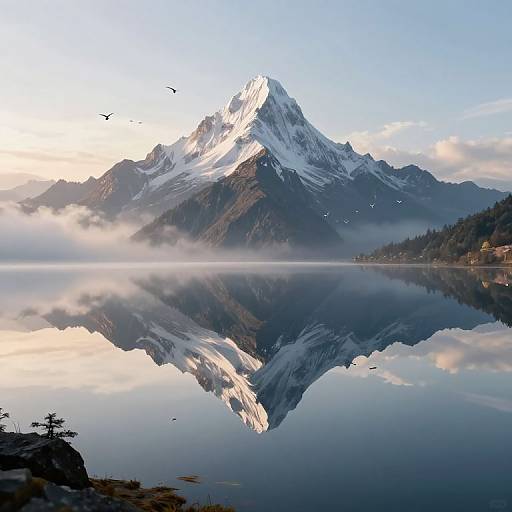 Photograph of a majestic snow-capped mountain reflected in a calm, misty lake, with birds flying in the clear sky.