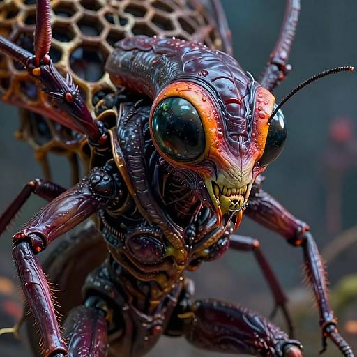 Close-up photograph of a highly detailed, hyper-realistic, dark purple and orange insect with large, shiny eyes and intricate exoskeleton, showcasing hex