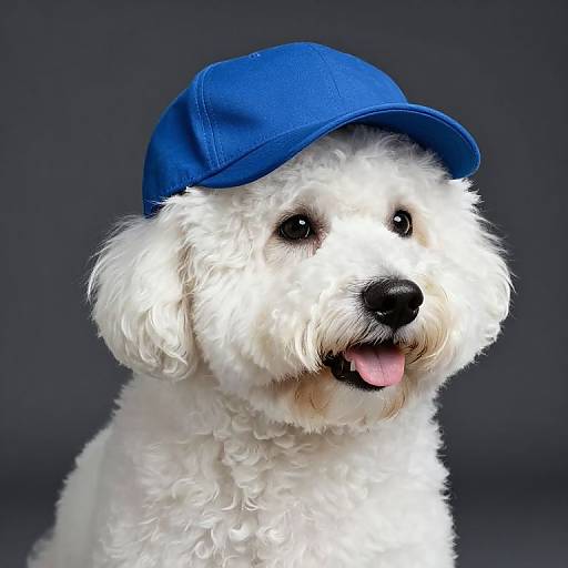 Photograph of a fluffy white dog with curly fur, wearing a bright blue baseball cap, with its pink tongue slightly out against a dark gray background.