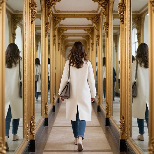 Photograph of a woman with long brown hair, white coat, and blue jeans, walking down an ornate, gold-framed corridor with mirrors.