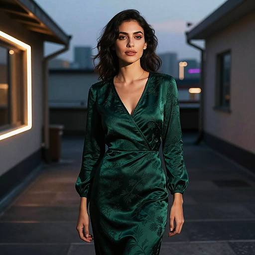 Cinematic Rooftop Portrait in Emerald Silk