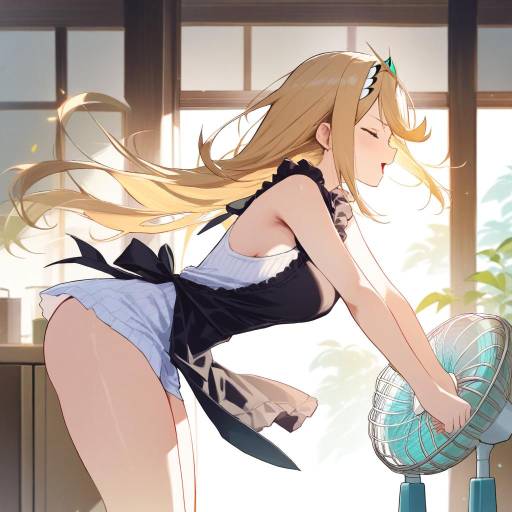 Blonde Girl in Apron with Electric Fan