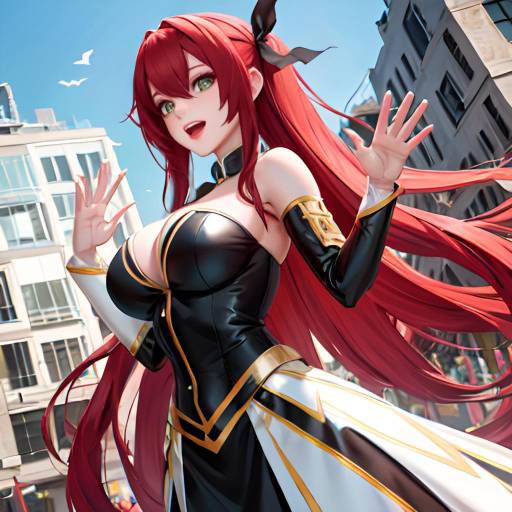 Digital anime-style artwork of a red-haired girl with blue eyes, wearing a black and gold, revealing, fantasy outfit, with dynamic orange and black abstract