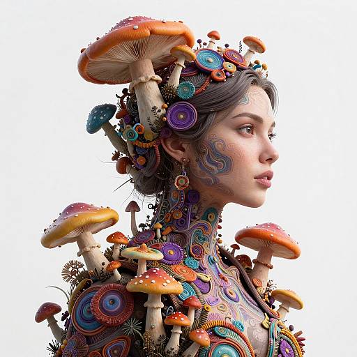 Digital artwork of a woman with fair skin and dark hair, adorned with colorful mushrooms and intricate patterns, profile view, white background. Fantasy, surreal style