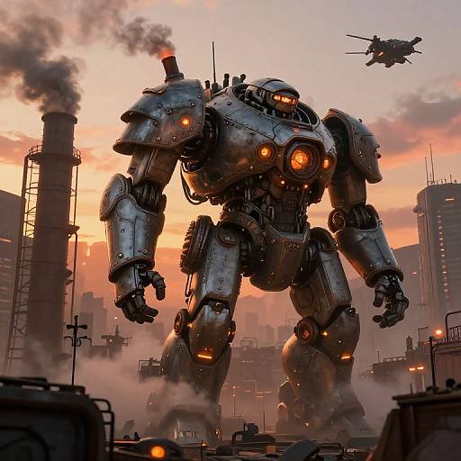 Photorealistic CGI of a massive, glowing, grey mechanical robot with orange lights, standing in a smoky, industrial cityscape at sunset, with