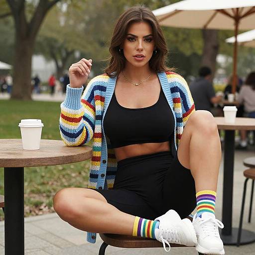Photograph of a brunette woman in a colorful knit cardigan, black sports bra, and shorts, sitting outside with rainbow socks and white sneakers, holding
