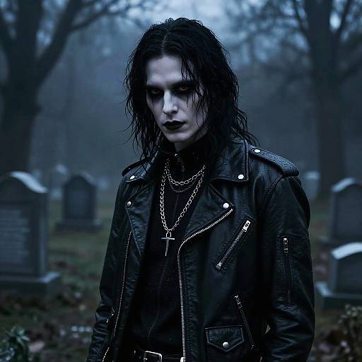 Gothic photograph of a pale, dark-haired man in a black leather jacket and cross necklace, standing in a foggy, graveyard background.