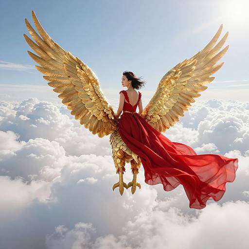Digital art of a woman with black hair, wearing a red, flowing dress and golden wings, soaring above fluffy clouds.