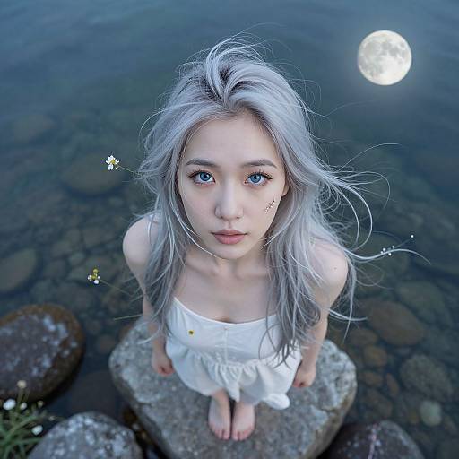 Photograph of a young woman with silver hair, blue eyes, and a white dress, standing on rocks in a moonlit pond.