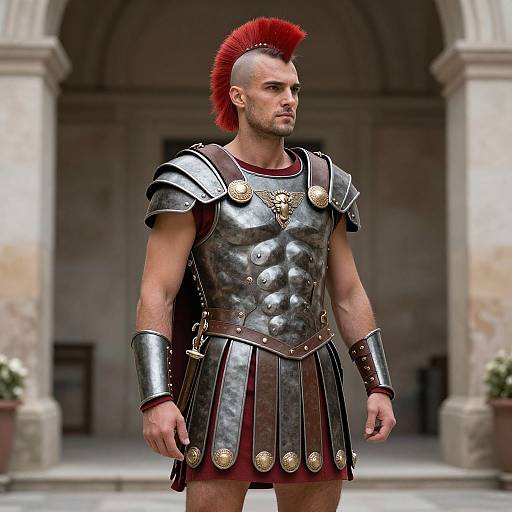 Photograph of a muscular man with a red mohawk, wearing detailed ancient Roman-style armor and skirt, standing in a stone archway.