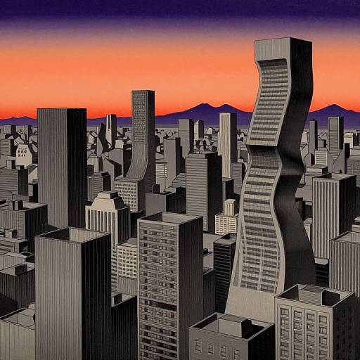 Digital artwork of a futuristic cityscape at sunset, featuring a uniquely curved skyscraper amidst a cluster of rectangular buildings, with a gradient sky from orange to