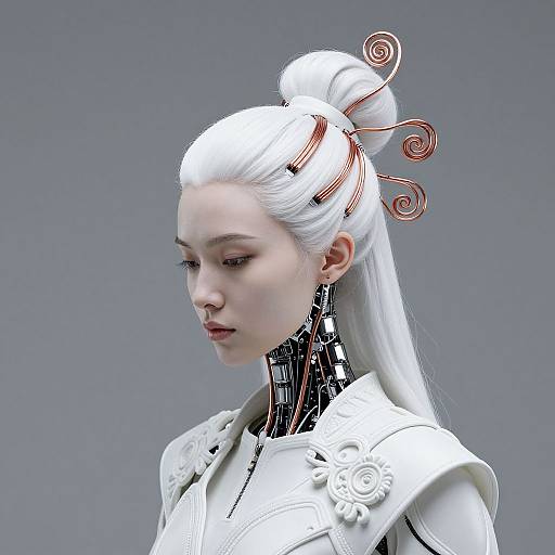 Digital CGI of a pale-skinned, white-haired woman with intricate hairpins, cybernetic neck, and white armor, gazing downward against a