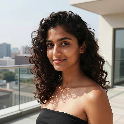 Photograph of a young woman with curly dark hair, medium brown skin, and brown eyes, wearing a black strapless top, standing on a sun