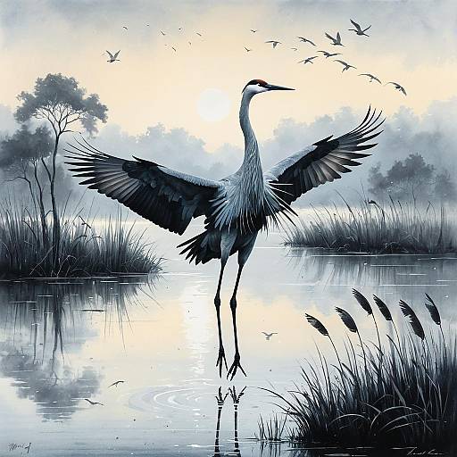 Graceful Crane Taking Flight Over Misty Lake