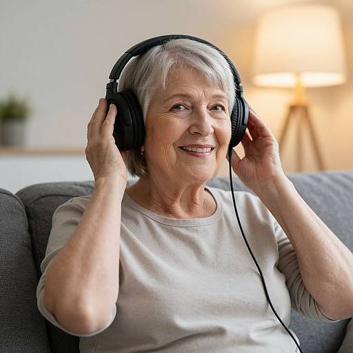 Elderly Woman Enjoying Music Comfortably