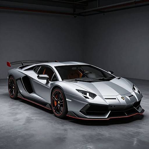 Photograph of a sleek, silver Lamborghini Aventador with red accents and black rims, parked in a dimly lit, industrial garage.