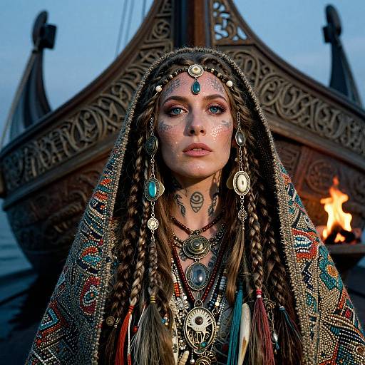 Photograph of a young woman with braided hair, adorned in intricate, metallic jewelry and a patterned, silver cloak, standing in front of a