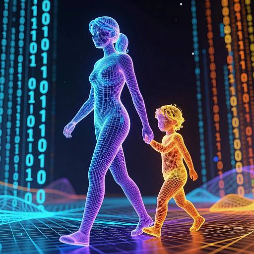 Neon-lit CGI of a woman and child holding hands, walking on a grid floor with binary code background. The woman is blue, the child