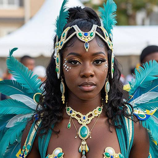 Photograph of a dark-skinned woman with long black hair, wearing an elaborate turquoise and gold Mardi Gras costume with feathers, intricate jewelry,