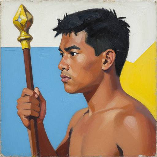 Digital painting of a shirtless, muscular Asian man with dark hair, holding a golden-tipped staff, against a blue and yellow background.