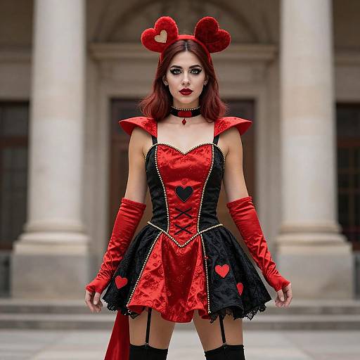 Photograph of a woman in a red and black heart-themed costume with heart headpiece, red gloves, and stockings, standing in front of a classical