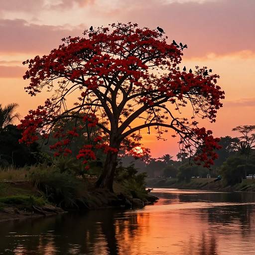Photograph of a silhouetted red-leafed tree against a vibrant orange and pink sunset, reflected in a calm river.