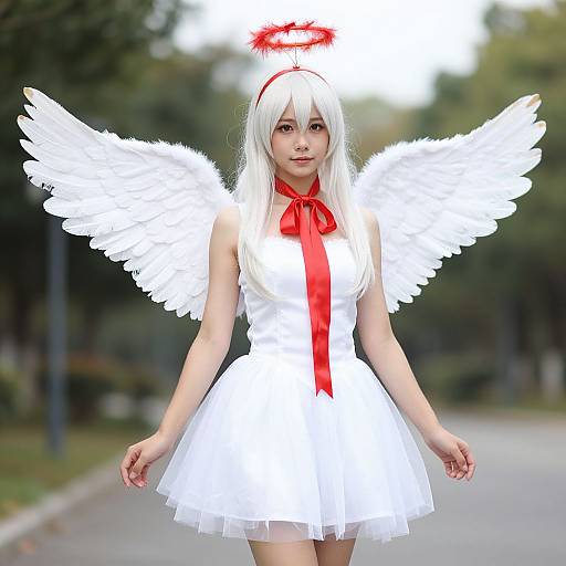Photograph of a young woman with long white hair, angel wings, red ribbon, white dress, and halo, standing outdoors on a path.
